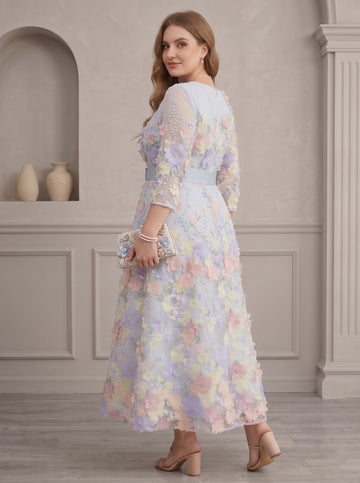 A-Line/Princess Scoop Lace Plus Size Mother of the Bride Dresses Floral Embroidery Tea-Length 3/4 Sleeves Bowknot