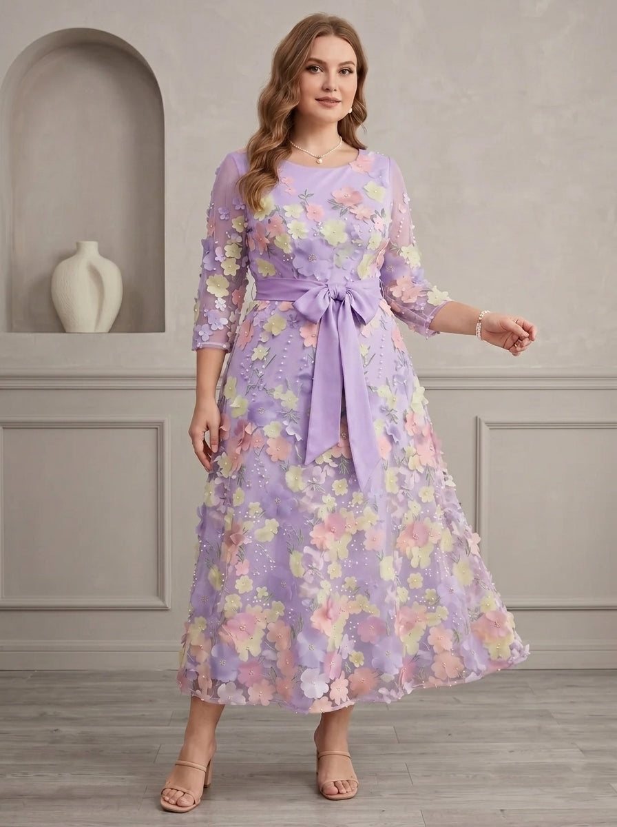 A-Line/Princess Scoop Lace Plus Size Mother of the Bride Dresses Floral Embroidery Tea-Length 3/4 Sleeves Bowknot