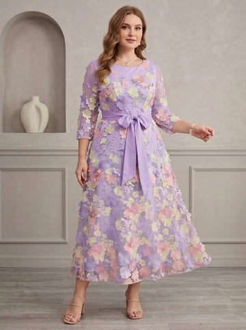 A-Line/Princess Scoop Lace Plus Size Mother of the Bride Dresses Floral Embroidery Tea-Length 3/4 Sleeves Bowknot