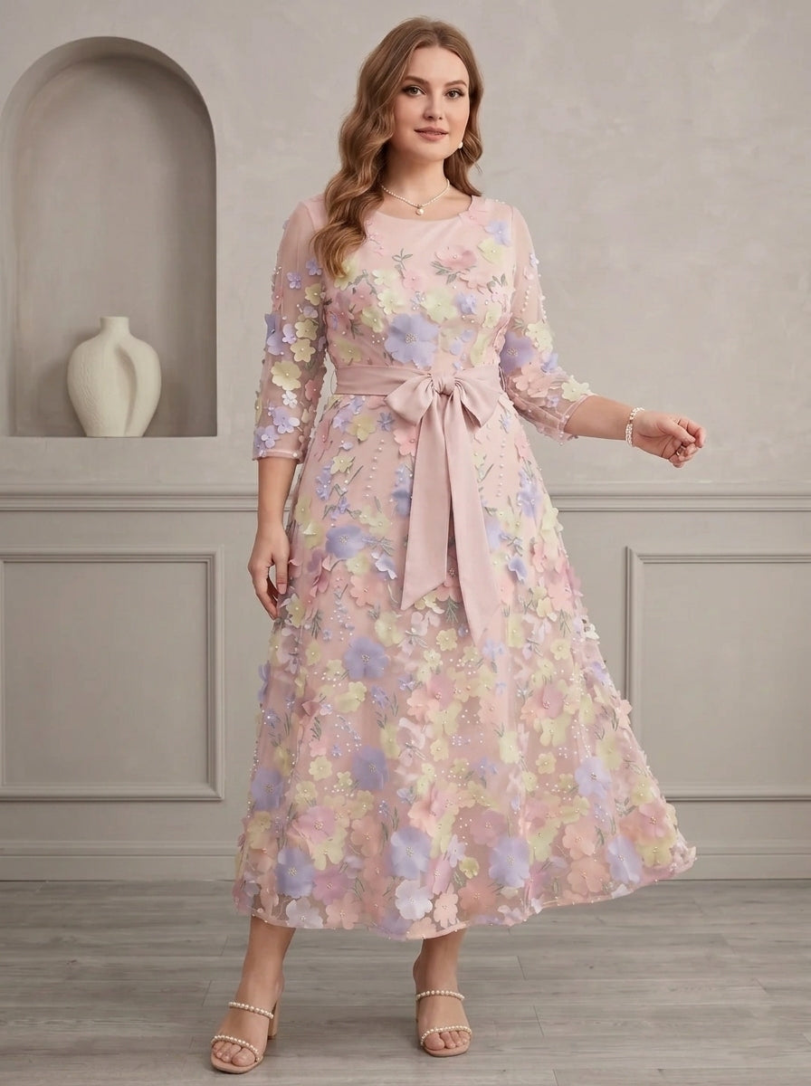 A-Line/Princess Scoop Lace Plus Size Mother of the Bride Dresses Floral Embroidery Tea-Length 3/4 Sleeves Bowknot