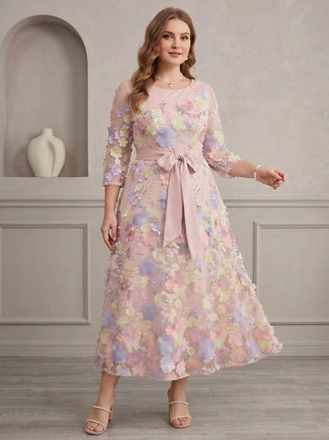 A-Line/Princess Scoop Lace Plus Size Mother of the Bride Dresses Floral Embroidery Tea-Length 3/4 Sleeves Bowknot