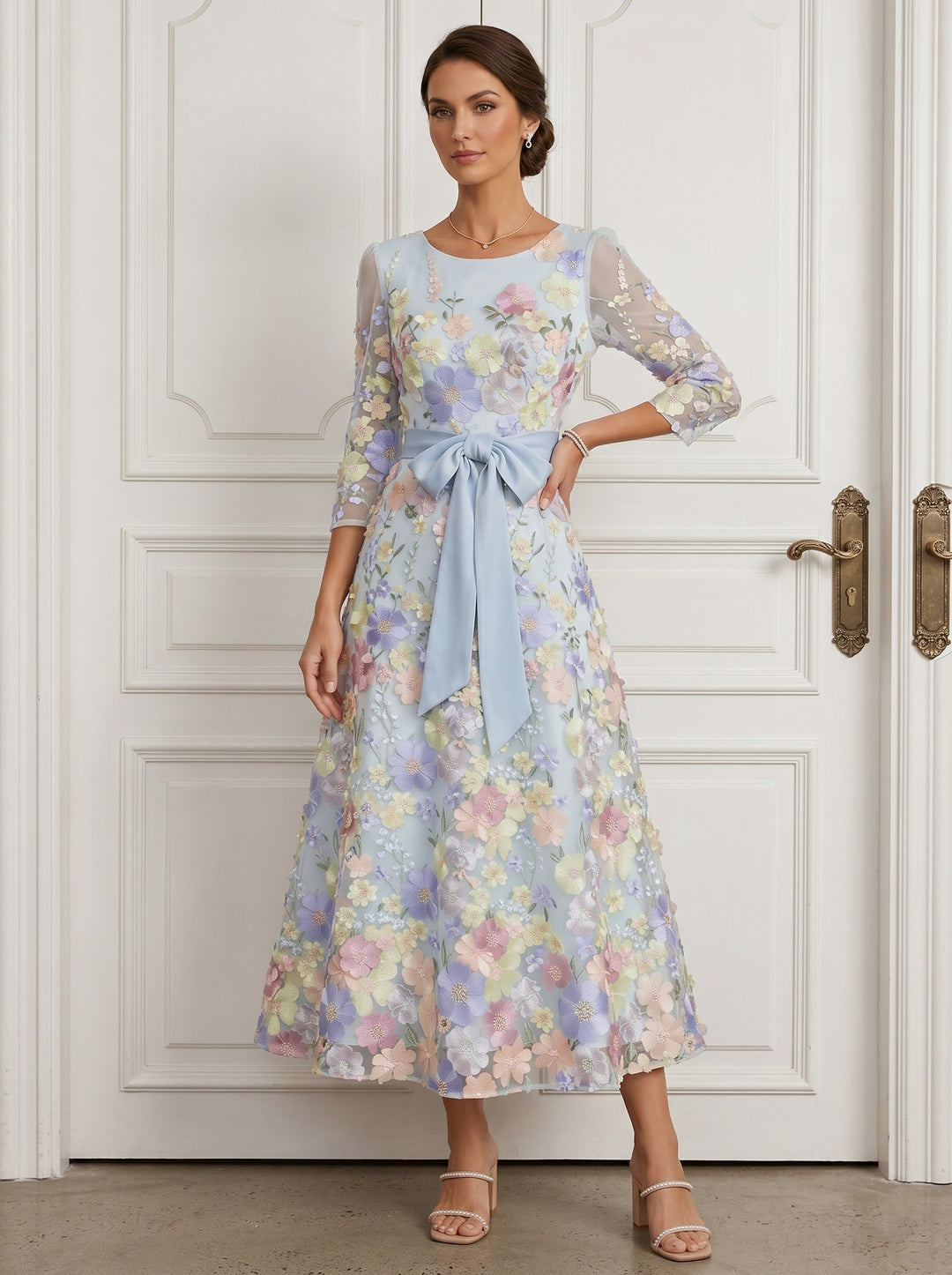 A-Line/Princess Scoop Lace Mother of the Bride Dresses Floral Embroidery Tea-Length 3/4 Sleeves Bowknot