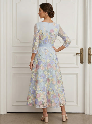 A-Line/Princess Scoop Lace Mother of the Bride Dresses Floral Embroidery Tea-Length 3/4 Sleeves Bowknot