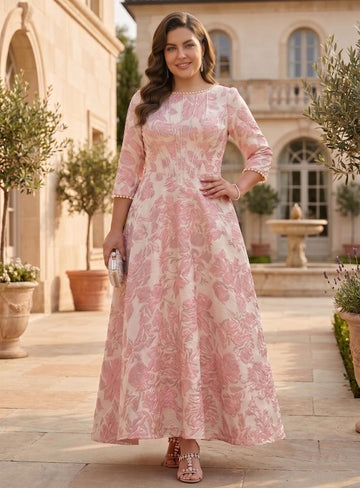 A-Line/Princess Scoop Plus Size Jacquard Mother of the Bride Dresses Floral Ankle-Length 3/4 Sleeves