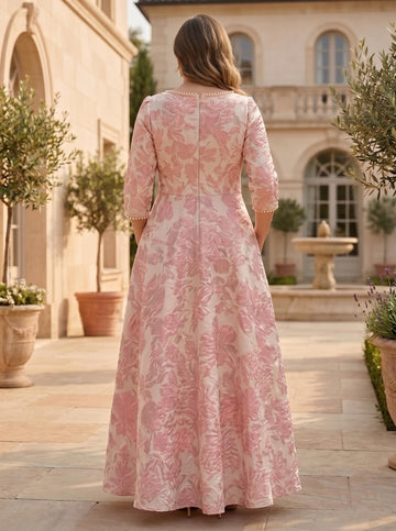 A-Line/Princess Scoop Plus Size Jacquard Mother of the Bride Dresses Floral Ankle-Length 3/4 Sleeves