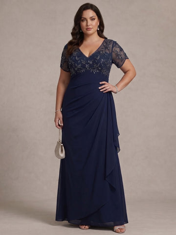 Sheath/Column V Neck Plus Size Mother of the Bride Dresses Short Sleeves Chiffon Floral Ankle Length Sequins Ruffles