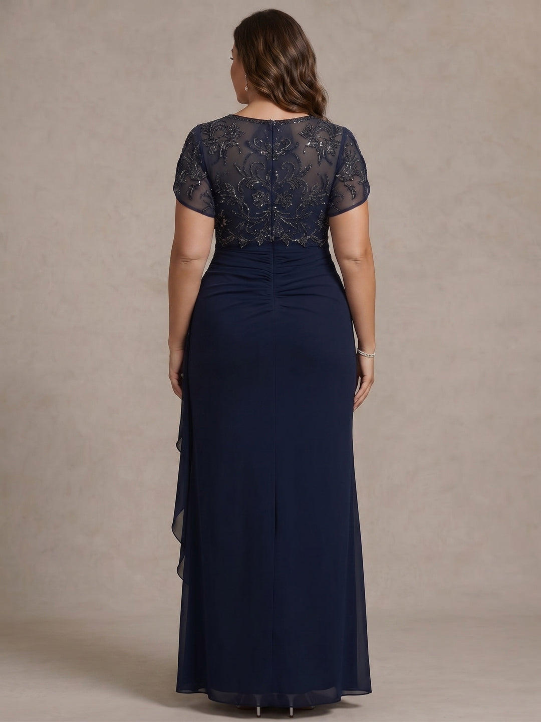 Sheath/Column V Neck Plus Size Mother of the Bride Dresses Short Sleeves Chiffon Floral Ankle Length Sequins Ruffles