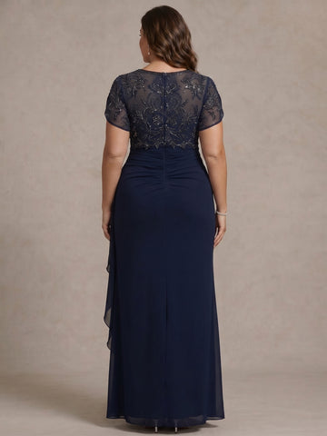 Sheath/Column V Neck Plus Size Mother of the Bride Dresses Short Sleeves Chiffon Floral Ankle Length Sequins Ruffles
