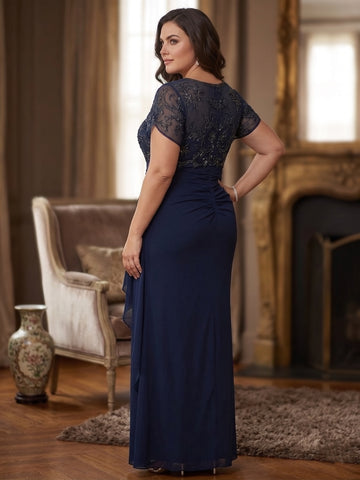Sheath/Column V Neck Plus Size Mother of the Bride Dresses Short Sleeves Chiffon Floral Ankle Length Sequins Ruffles