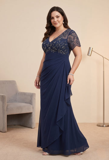 Sheath/Column V Neck Plus Size Mother of the Bride Dresses Short Sleeves Chiffon Floral Ankle Length Sequins Ruffles