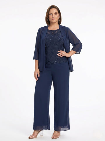 3 Pieces Suit Chiffon Plus Size Mother of the Bride Pantsuits with Jacket Scoop 3/4 Sleeves Ankle Length Lace Sequins
