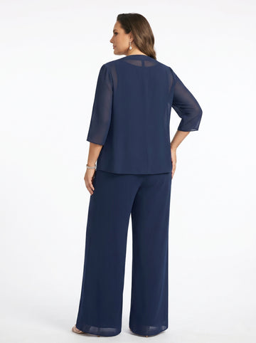 3 Pieces Suit Chiffon Plus Size Mother of the Bride Pantsuits with Jacket Scoop 3/4 Sleeves Ankle Length Lace Sequins