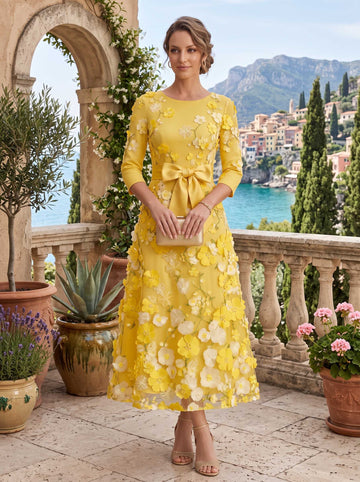 A-Line/Princess Scoop Satin  Mother of the Bride Dresses with Bowknot Lace Floral 3/4 Sleeves Tea-Length