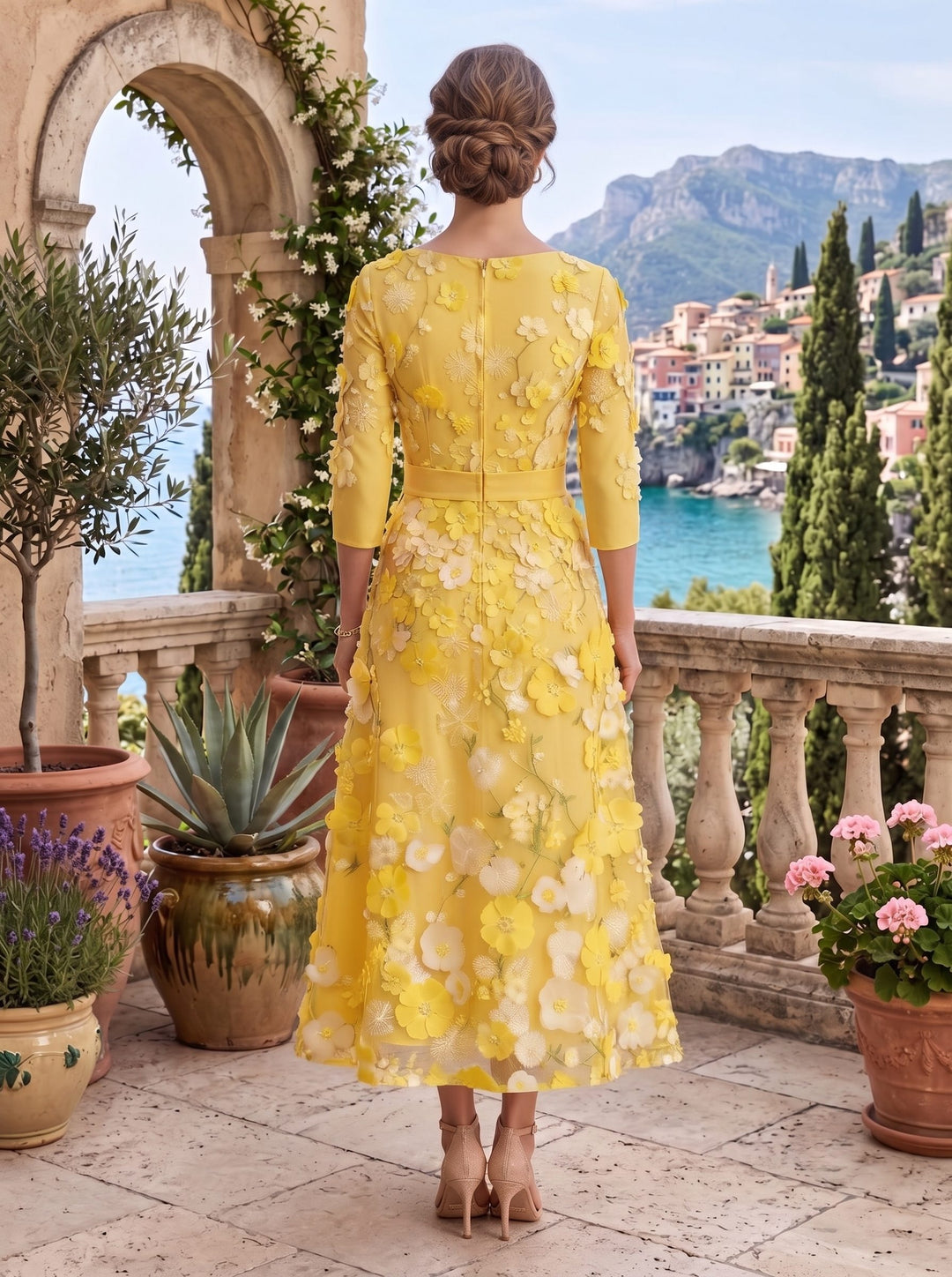 A-Line/Princess Scoop Satin  Mother of the Bride Dresses with Bowknot Lace Floral 3/4 Sleeves Tea-Length