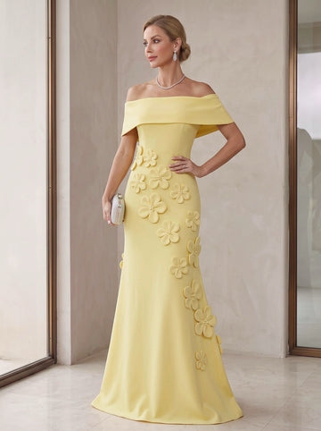 Trumpet/Mermaid Off-the-Shoulder Stretch Satin Mother of the Bride Dresses with 3D Flower Sleeveless Floral Floor-Length