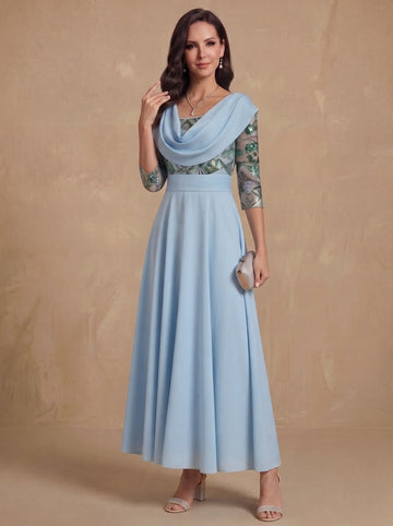 A-Line/Princess Cowl Neck Satin Mother of the Bride Dresses Lace Sequins Floral 3/4 Sleeves Tea-Length