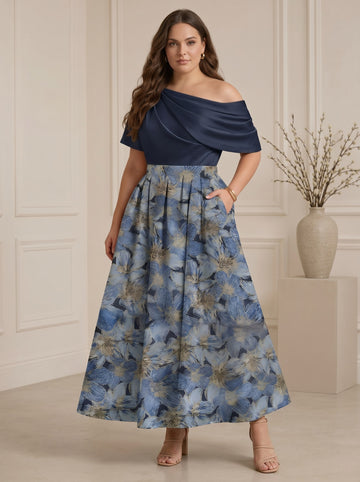 A-Line/Princess One-Shoulder Satin Plus Size Mother of the Bride Dresses Floral Short Sleeves Ankle Length