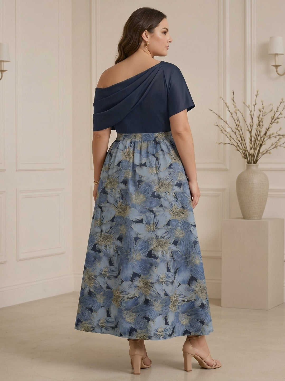 A-Line/Princess One-Shoulder Satin Plus Size Mother of the Bride Dresses Floral Short Sleeves Ankle Length