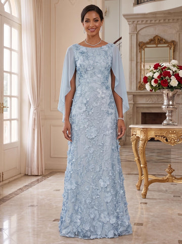 A-Line/Princess Scoop Chiffon Mother of the Bride Dresses Lace Floral Floor-Length Cape Sleeves