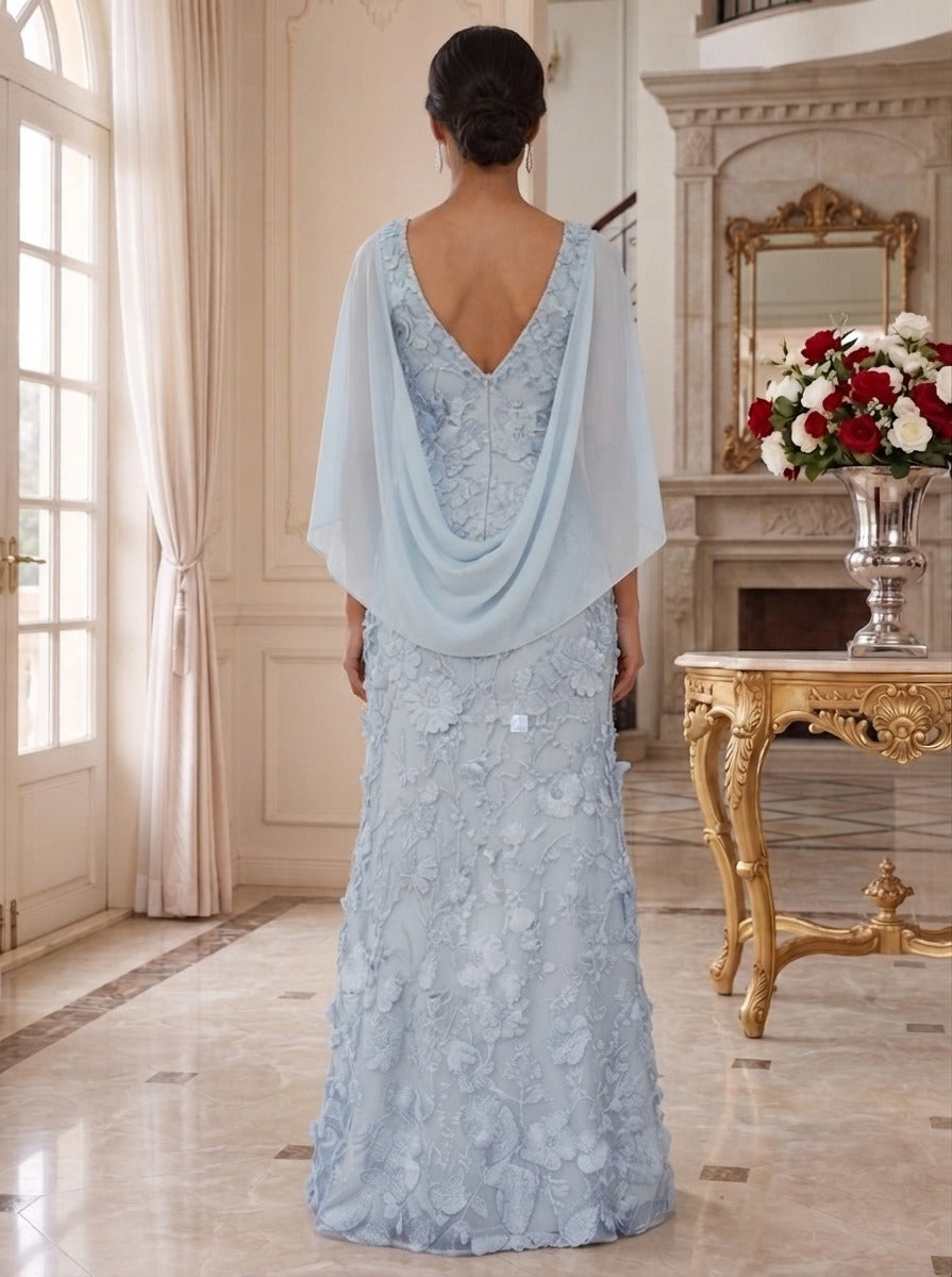 A-Line/Princess Scoop Chiffon Mother of the Bride Dresses Lace Floral Floor-Length Cape Sleeves
