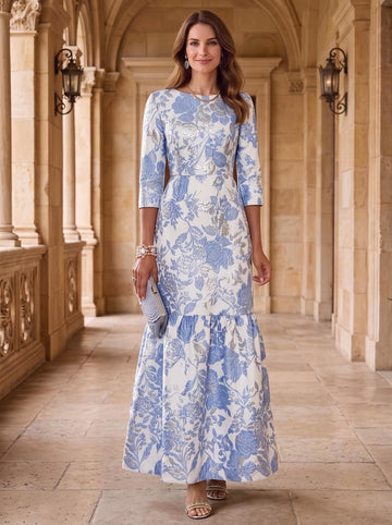 A-Line/Princess Scoop Jacquard Mother of the Bride Dresses Floral Floor-Length 3/4 Sleeves Ruffles