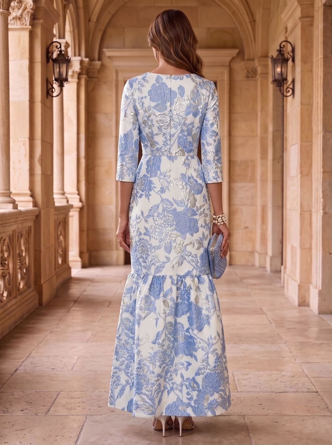 A-Line/Princess Scoop Jacquard Mother of the Bride Dresses Floral Floor-Length 3/4 Sleeves Ruffles