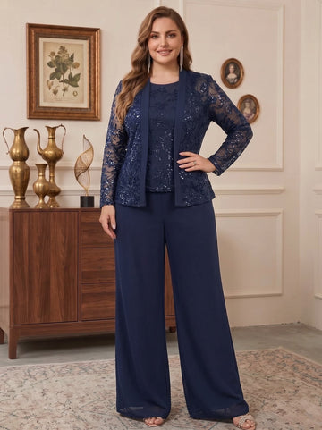 3 Pieces Chiffon Scoop Plus Size Mother of the Bride Pantsuits with Jacket Sequins Long Sleeves Floor Length