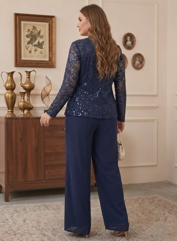 3 Pieces Chiffon Scoop Plus Size Mother of the Bride Pantsuits with Jacket Sequins Long Sleeves Floor Length