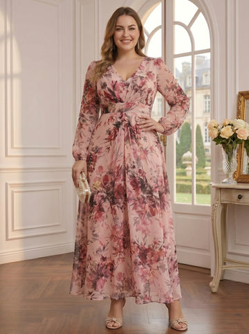 A-Line/Princess V-Neck 3/4 Sleeves Floral Chiffon Ankle-Length Plus Size Mother of the Bride Dresses