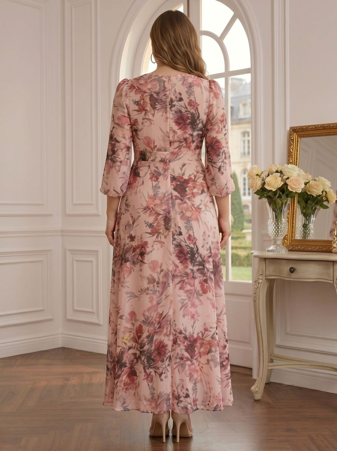 A-Line/Princess V-Neck 3/4 Sleeves Floral Chiffon Ankle-Length Plus Size Mother of the Bride Dresses