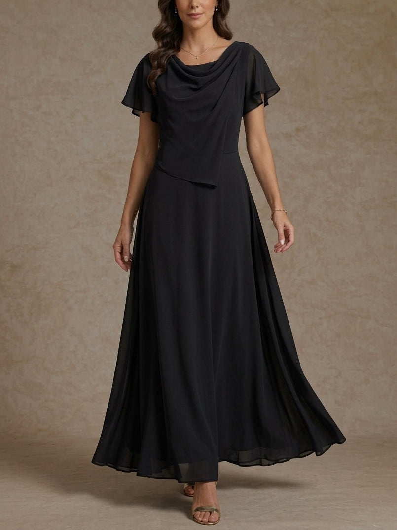 A-Line/Princess Cowl Neck Chiffon Mother of the Bride Dresses Ankle-Length Short Sleeves Ruched