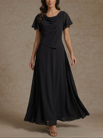 A-Line/Princess Cowl Neck Chiffon Mother of the Bride Dresses Ankle-Length Short Sleeves Ruched