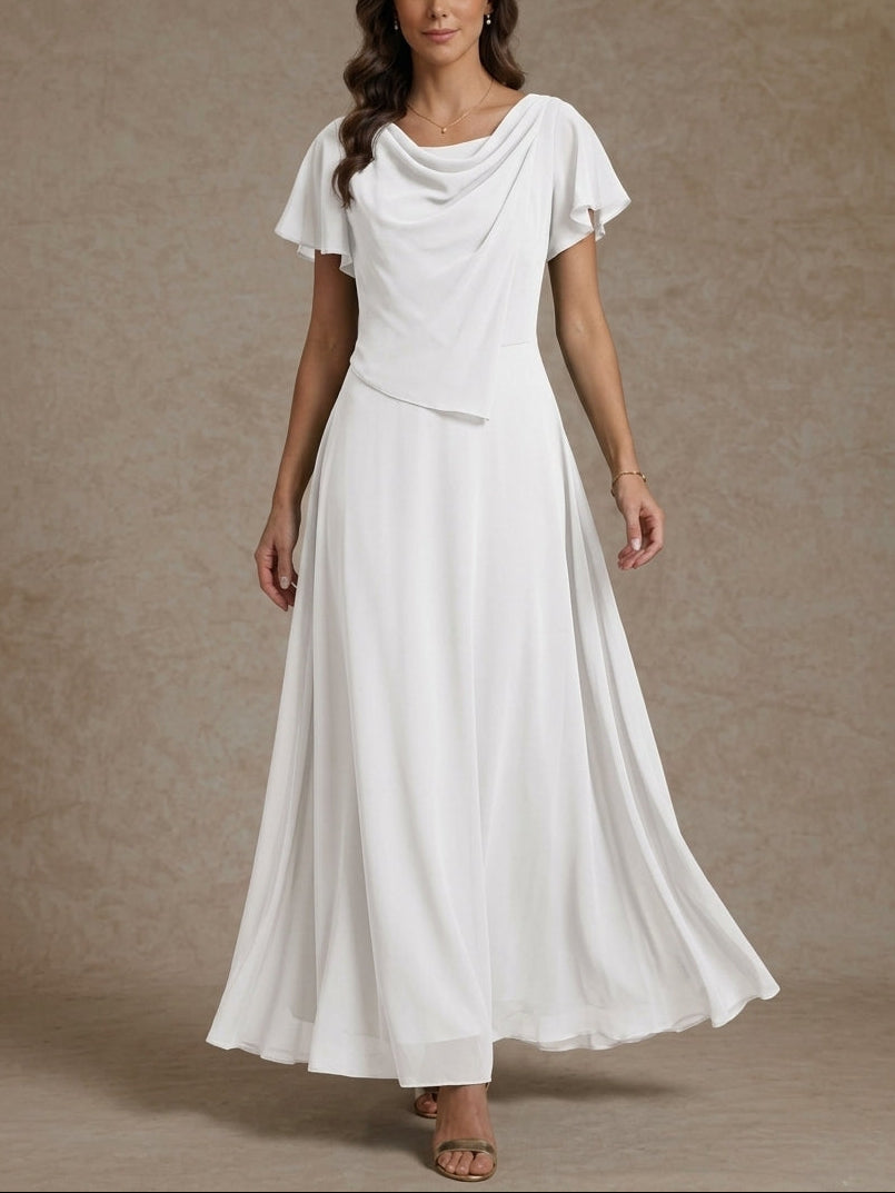 A-Line/Princess Cowl Neck Chiffon Mother of the Bride Dresses Ankle-Length Short Sleeves Ruched