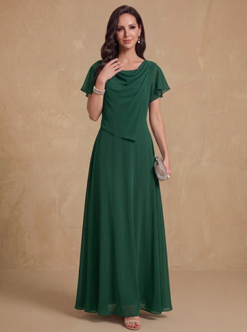 A-Line/Princess Cowl Neck Chiffon Mother of the Bride Dresses Ankle-Length Short Sleeves Ruched