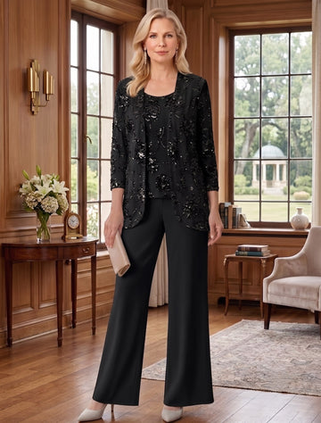 3 Pieces Suit Scoop Chiffon Mother of the Bride Pantsuits with Jacket Sequins Ankle-Length 3/4 Sleeves