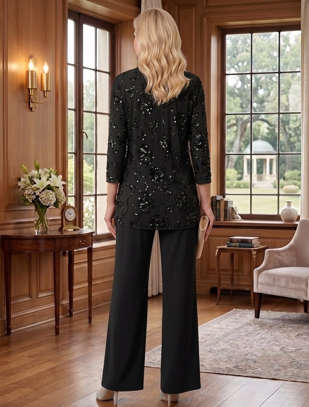 3 Pieces Suit Scoop Chiffon Mother of the Bride Pantsuits with Jacket Sequins Ankle-Length 3/4 Sleeves