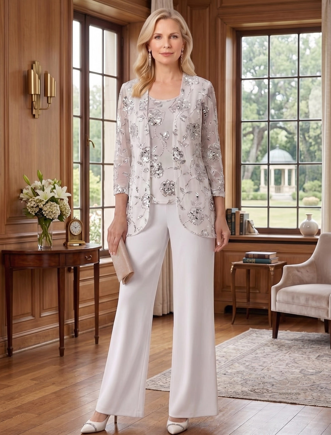3 Pieces Suit Scoop Chiffon Mother of the Bride Pantsuits with Jacket Sequins Ankle-Length 3/4 Sleeves