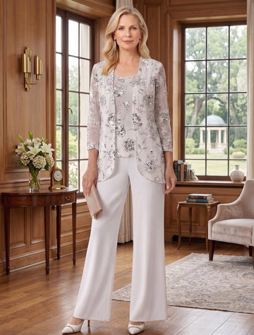 3 Pieces Suit Scoop Chiffon Mother of the Bride Pantsuits with Jacket Sequins Ankle-Length 3/4 Sleeves