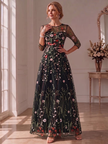 A-Line/Princess Scoop Lace Embroidery Mother of the Bride Dresses Floral 3/4 Sleeves Floor-Length