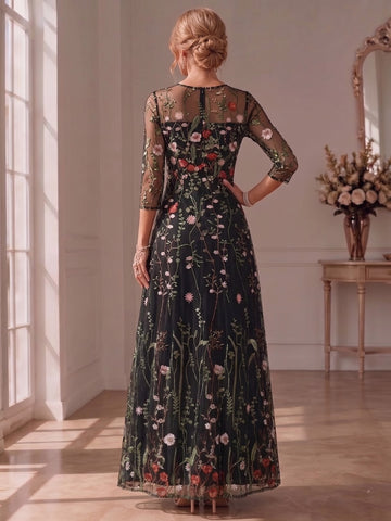 A-Line/Princess Scoop Lace Embroidery Mother of the Bride Dresses Floral 3/4 Sleeves Floor-Length