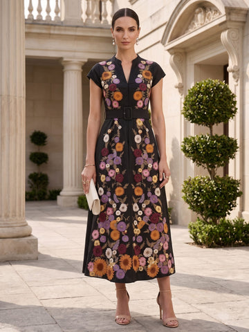 A-Line/Princess V-Neck Satin Mother of the Bride Dresses Floral Short Sleeves Tea Length Belt