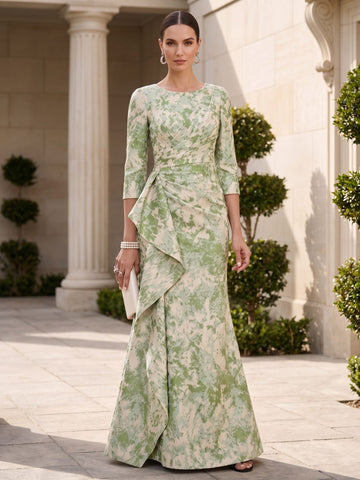 Sheath/Column Scoop Jacquard Mother of the Bride Dresses Floor-Length Floral 3/4 Sleeves Ruffles