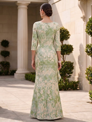 Sheath/Column Scoop Jacquard Mother of the Bride Dresses Floor-Length Floral 3/4 Sleeves Ruffles