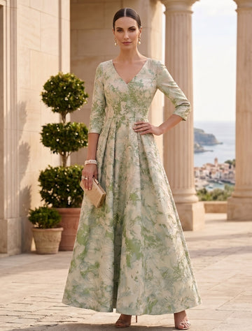 A-Line/Princess V-Neck Jacquard Mother of the Bride Dresses Ankle-Length 3/4 Sleeves Floral