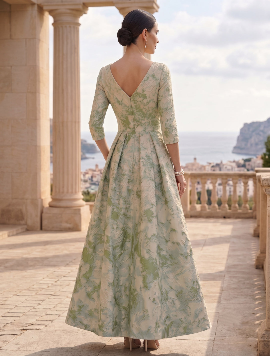 A-Line/Princess V-Neck Jacquard Mother of the Bride Dresses Ankle-Length 3/4 Sleeves Floral
