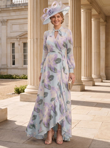 A-Line/Princess V-Neck Chiffon Mother of the Bride Dresses Asymmetrical Ankle-Length Long Sleeves Floral Ruffles