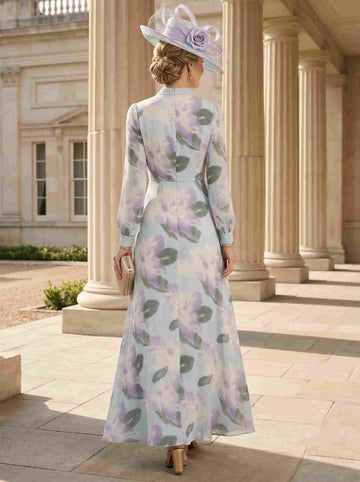 A-Line/Princess V-Neck Chiffon Mother of the Bride Dresses Asymmetrical Ankle-Length Long Sleeves Floral Ruffles