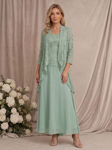3 Pieces Suit A-Line/Princess V-Neck Chiffon Mother of the Bride Dresses with Jacket Lace Ankle-Length 3/4 Sleeves