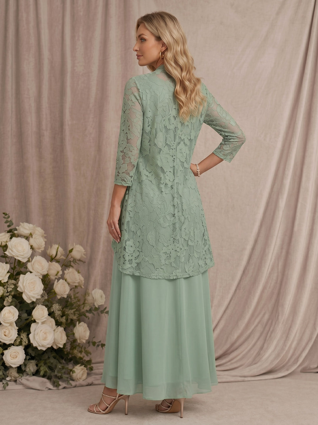 3 Pieces Suit A-Line/Princess V-Neck Chiffon Mother of the Bride Dresses with Jacket Lace Ankle-Length 3/4 Sleeves