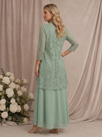 3 Pieces Suit A-Line/Princess V-Neck Chiffon Mother of the Bride Dresses with Jacket Lace Ankle-Length 3/4 Sleeves
